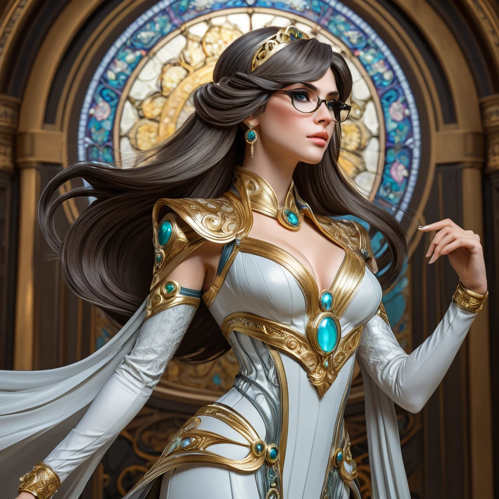 Bayonetta, elegant and powerful pose, flowing hair, intricate outfit, dramatic lighting, magical effects,  detailed background, art nouveau style, Alphonse Mucha,  trending on artstation, 8k resolution, hyperrealistic,  photorealistic, masterpiece