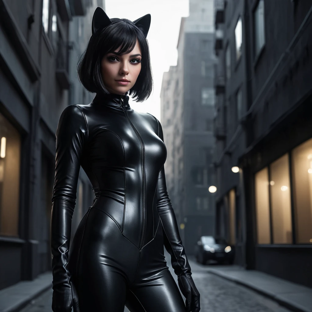 A mysterious and alluring woman named 2B, dressed in a form-fitting black catsuit, stands in the shadows of a dimly lit urban environment. Her piercing gaze and confident posture suggest a skilled and dangerous operative.