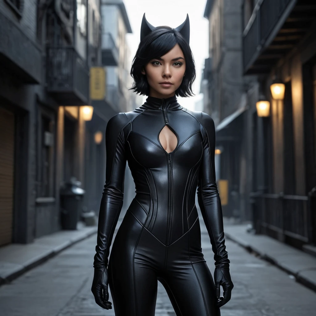 A mysterious and alluring woman named Cassandra Cain, dressed in a form-fitting black catsuit, stands in the shadows of a dimly lit urban environment. Her piercing gaze and confident posture suggest a skilled and dangerous operative.