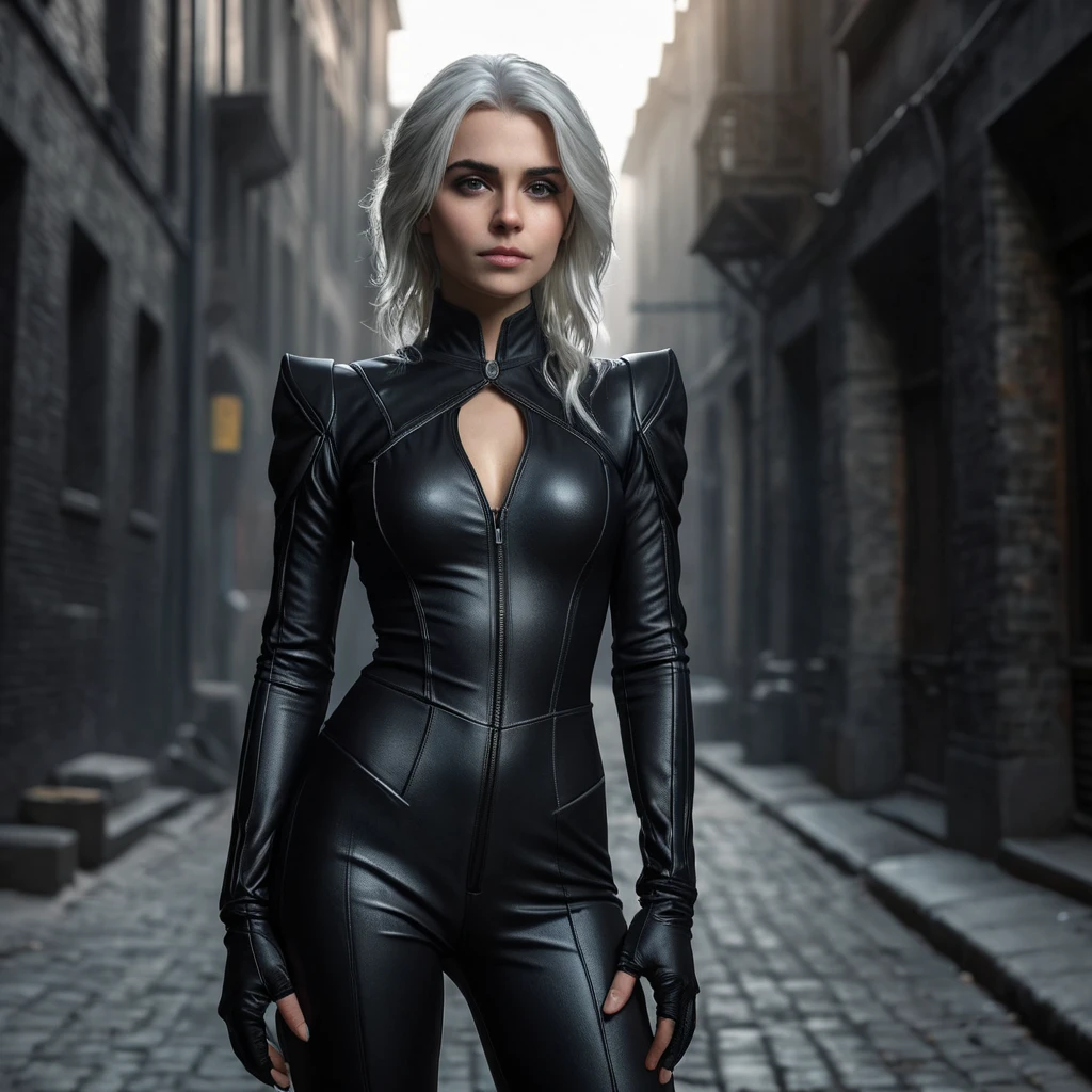 A mysterious and alluring woman named Ciri, dressed in a form-fitting black catsuit, stands in the shadows of a dimly lit urban environment. Her piercing gaze and confident posture suggest a skilled and dangerous operative.