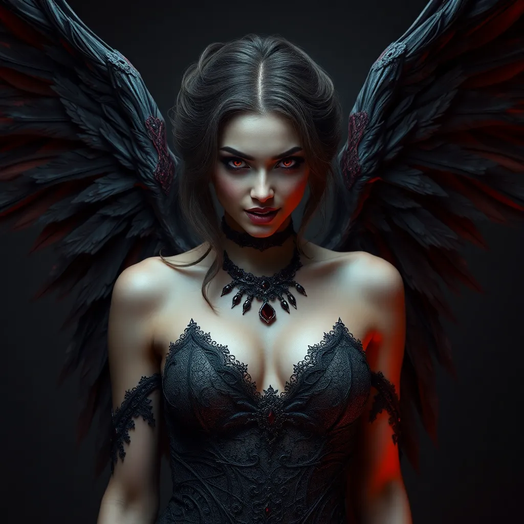 A beautiful winged romanian vampire woman with fangs, red eyes