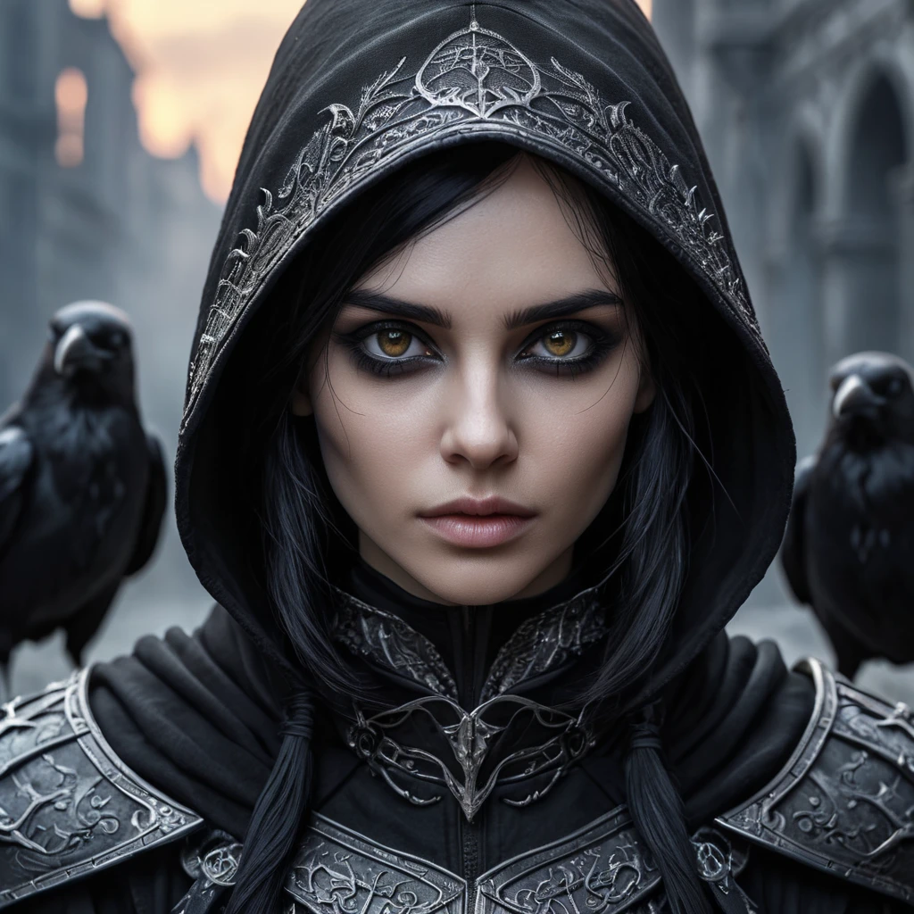 Intricate portrait of a horrifying pale assassin dusk elf, black hair, black eyes, fully covering black hooded armor in an apocalytpic world with Ravens