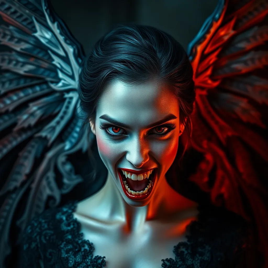 A beautiful winged romanian vampire woman with fangs, red eyes