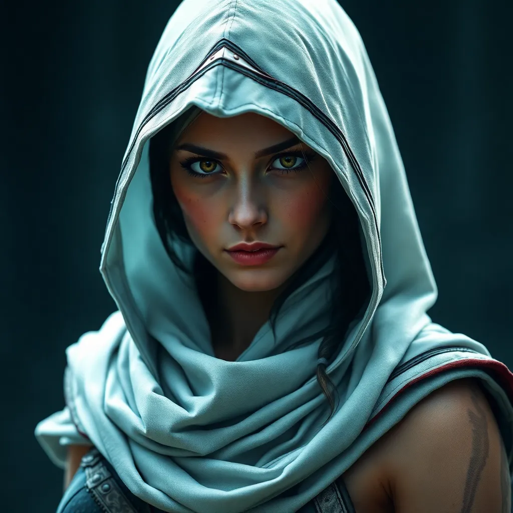 A beautiful Kassandra wearing a white hood in full Assassin's Creed style
