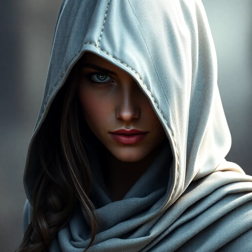 A beautiful Kassandra wearing a white hood in full Assassin's Creed style