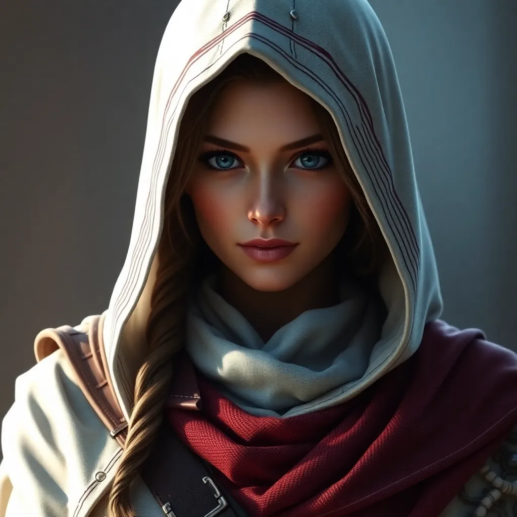 A beautiful Kassandra wearing a white hood in full Assassin's Creed style