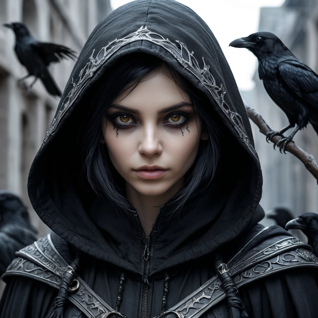 Intricate portrait of a horrifying pale hooded assassin dusk elf, black hair, black eyes, in a dystopian world with Ravens