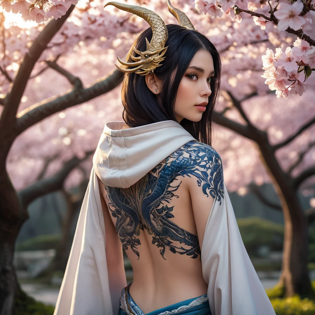 Morgana, adorned with intricate, dragon-themed tattoos that cover her back and shoulders, dressed in a traditional, Japanese-inspired outfit with a hood, standing in a serene, cherry blossom grove at dusk.