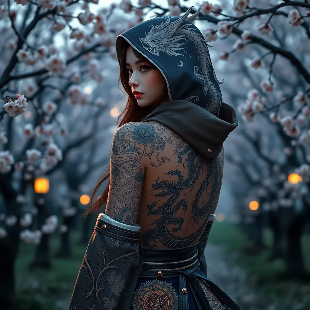 Morgana, adorned with intricate, dragon-themed tattoos that cover her back and shoulders, dressed in a traditional, Japanese-inspired outfit with a hood, standing in a serene, cherry blossom grove at dusk.