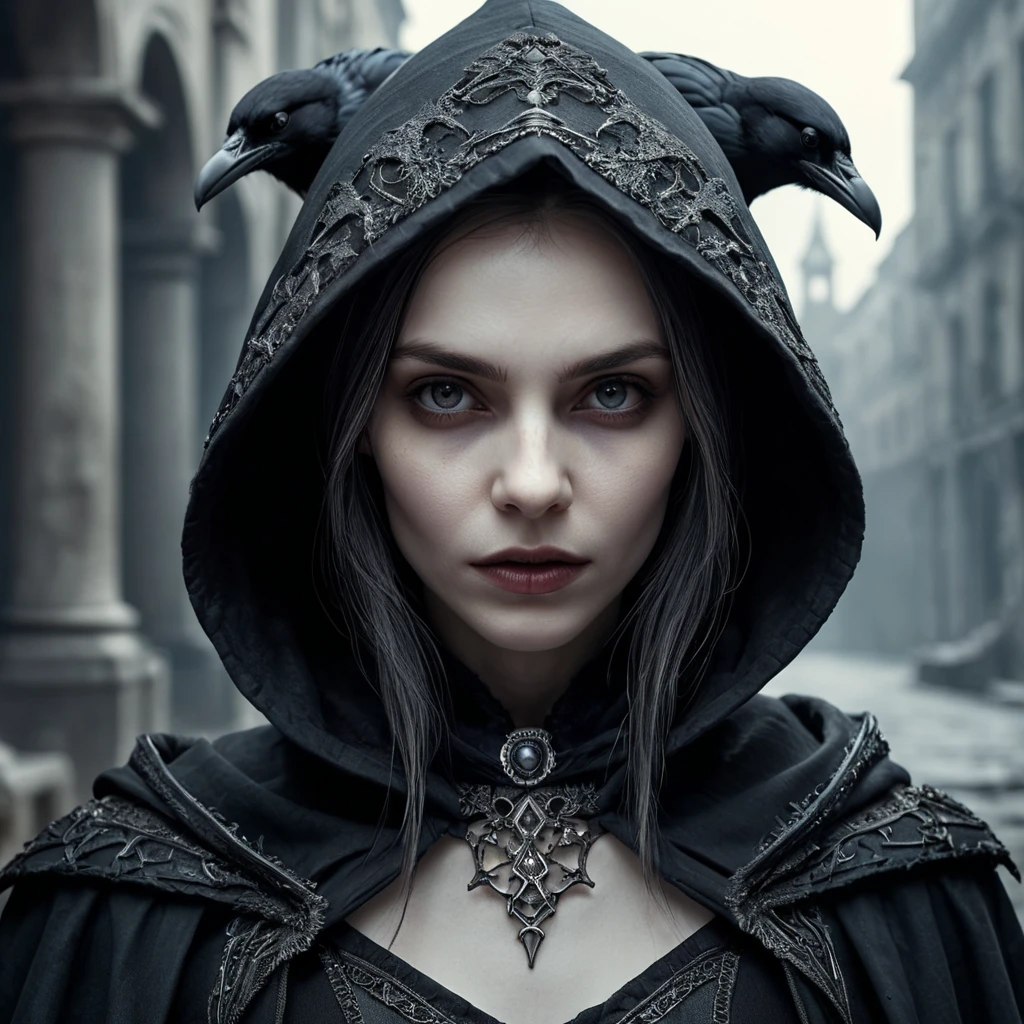 Intricate portrait of a horrifying pale hooded female vampire in a dystopian world with Ravens