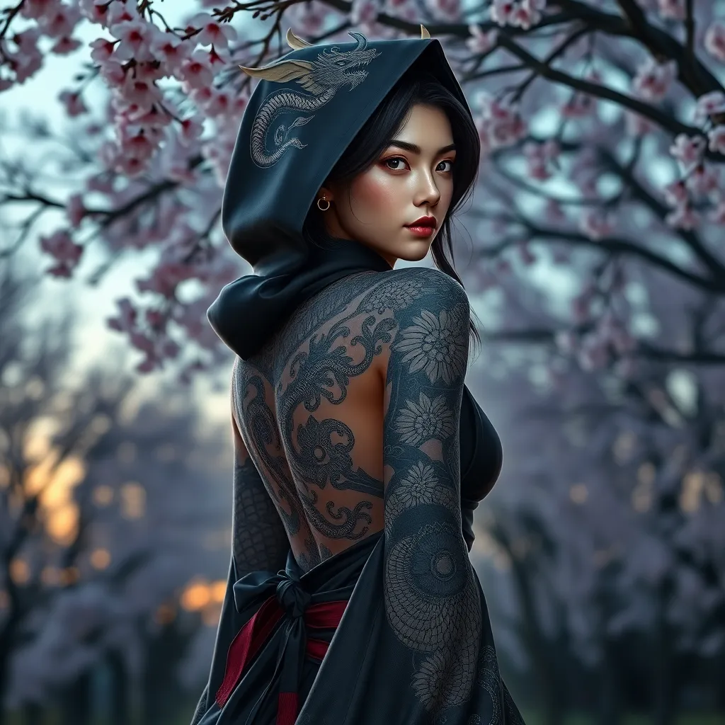 Morgana, adorned with intricate, dragon-themed tattoos that cover her back and shoulders, dressed in a traditional, Japanese-inspired outfit with a hood, standing in a serene, cherry blossom grove at dusk.