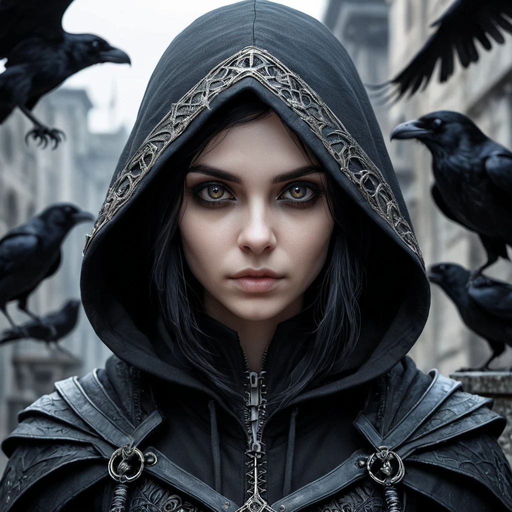 Intricate portrait of a horrifying pale hooded assassin dusk elf, black hair, black eyes, in a dystopian world with Ravens