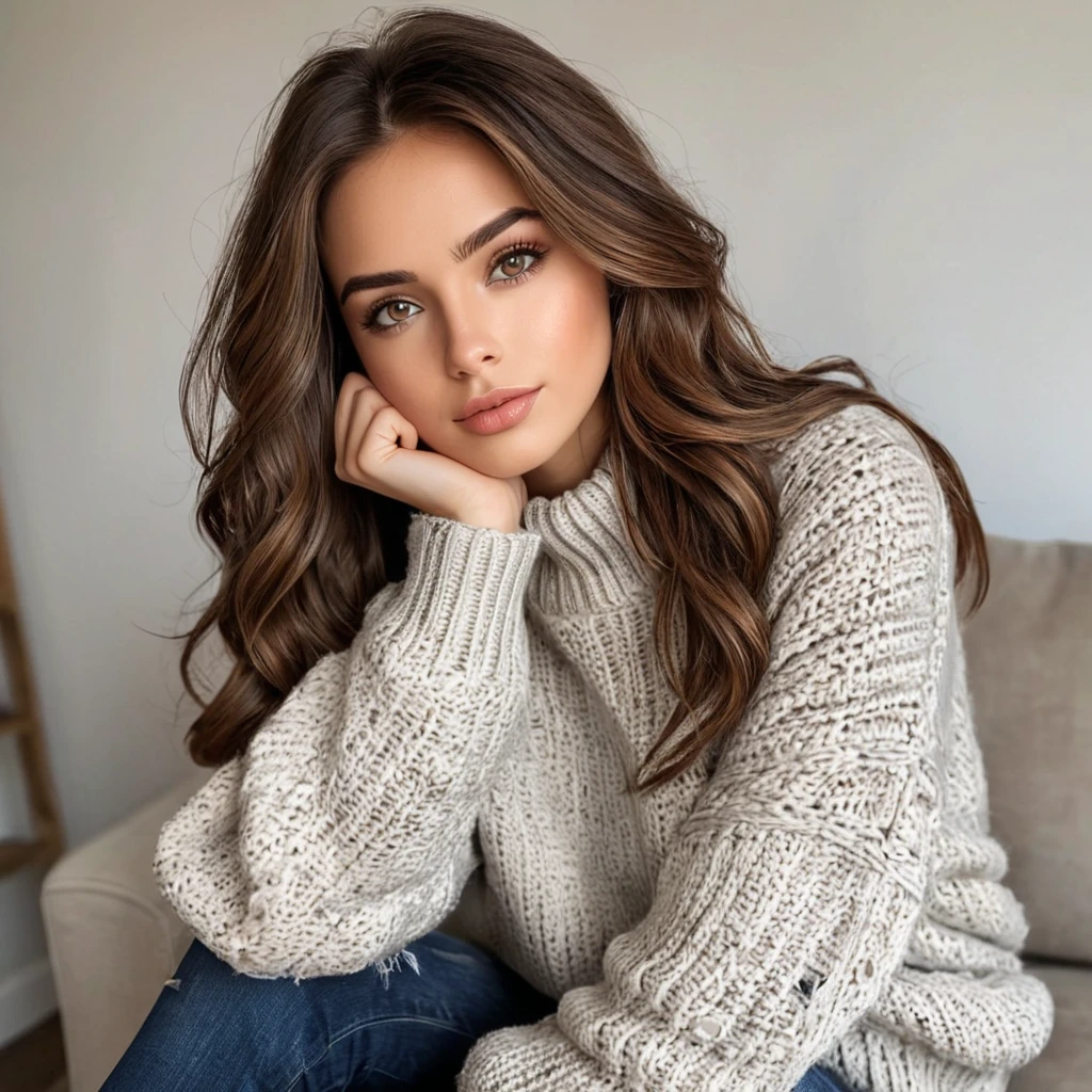 A gorgeous woman with brown hair and warm eyes, wearing a cozy sweater and distressed denim