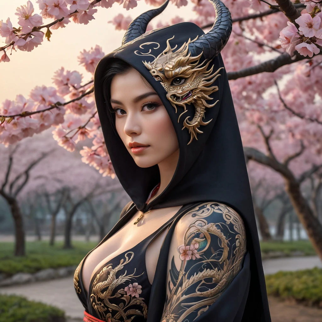 Morgana, adorned with intricate, dragon-themed tattoos that cover her back and shoulders, dressed in a traditional, Japanese-inspired outfit with a hood, standing in a serene, cherry blossom grove at dusk.