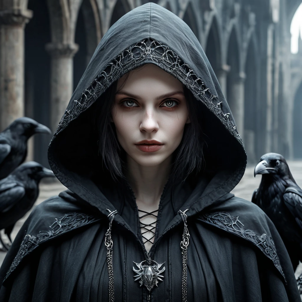 Intricate portrait of a horrifying pale hooded female vampire in a dystopian world with Ravens