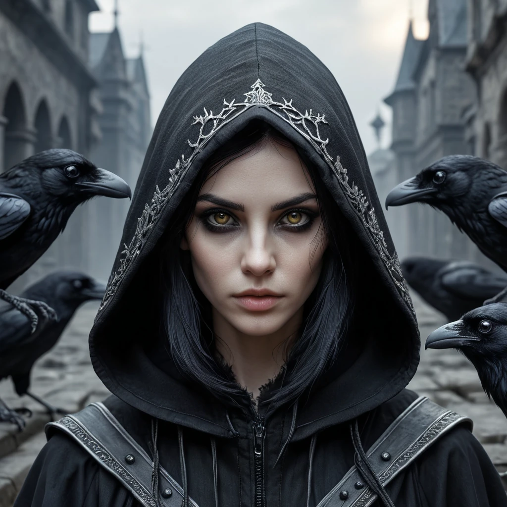 Intricate portrait of a horrifying pale hooded assassin dusk elf, black hair, black eyes, in a dystopian world with Ravens