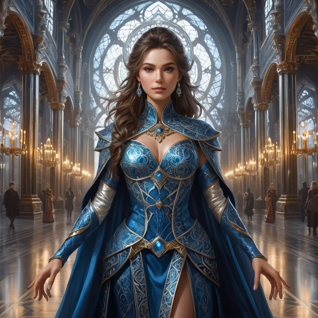 A magnificent female mage within a grand hall of mirrors, each reflecting her image surrounded by different magical effects, her outfit a masterpiece of intricate design and glowing runes