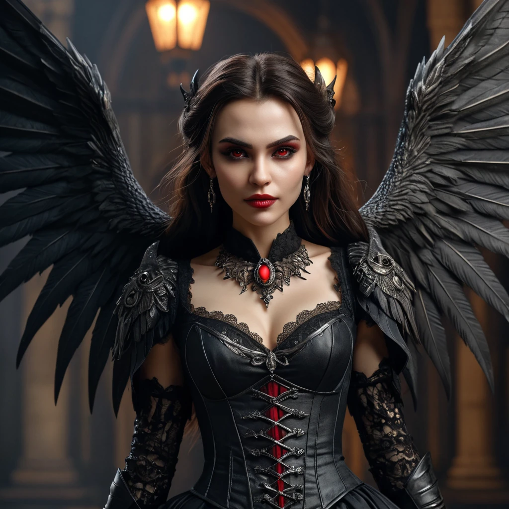 A beautiful winged romanian vampire woman with fangs, red eyes