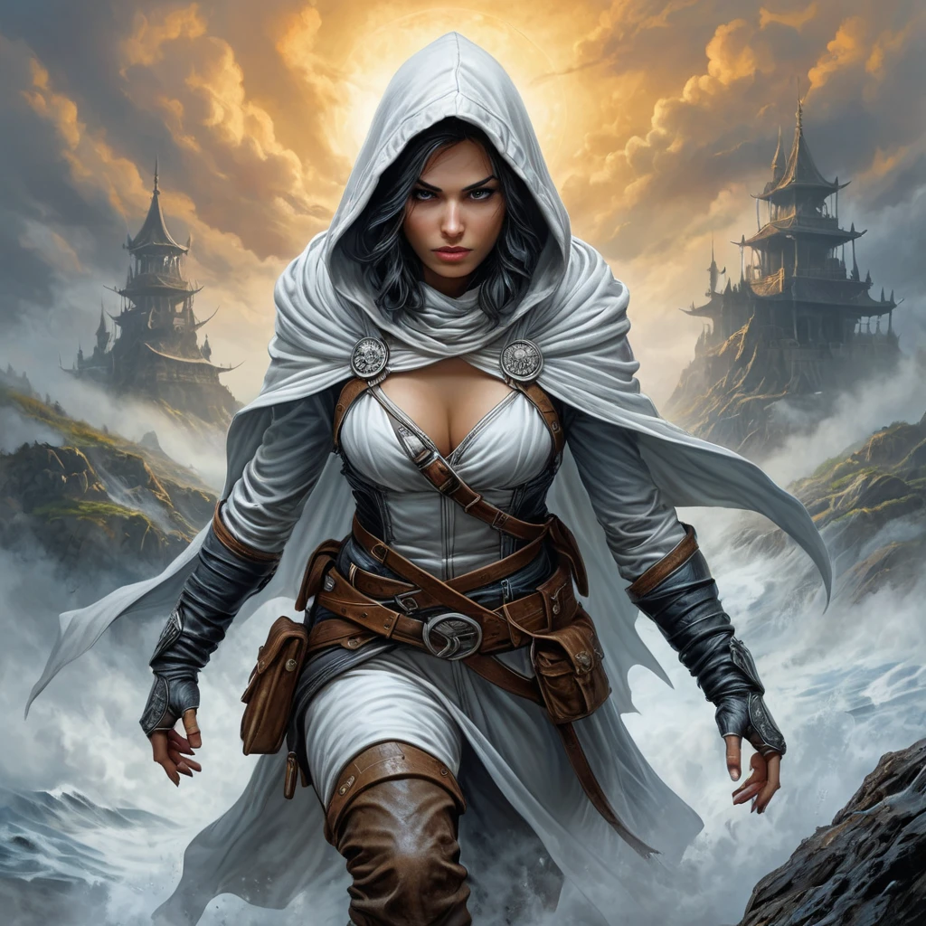 White hooded female assassin emerging from the fog of war