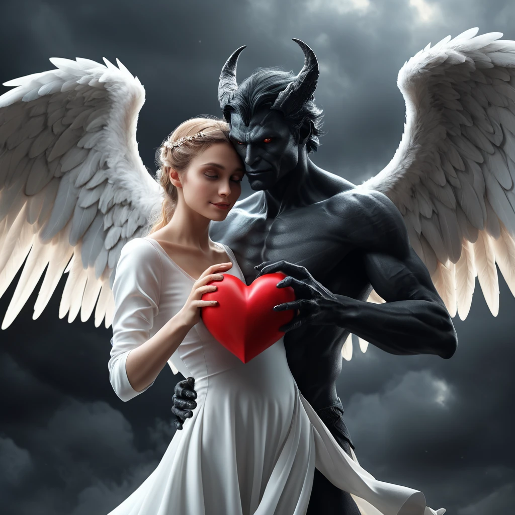 An angel flying hugging a demon flying, forming a heart shape