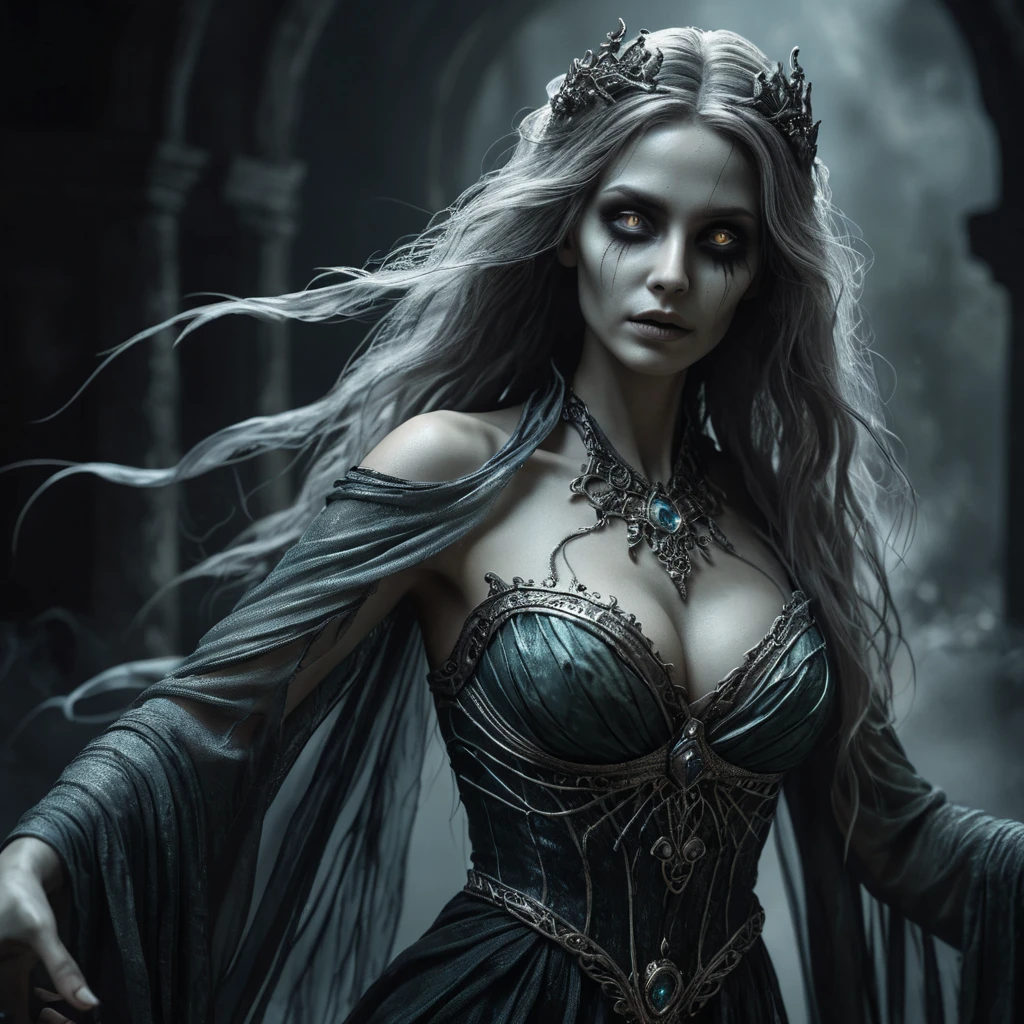 Ghostly rotting dead evil undead siren, graceful, flowing robes, wispy, glowing dark eyes, darkness