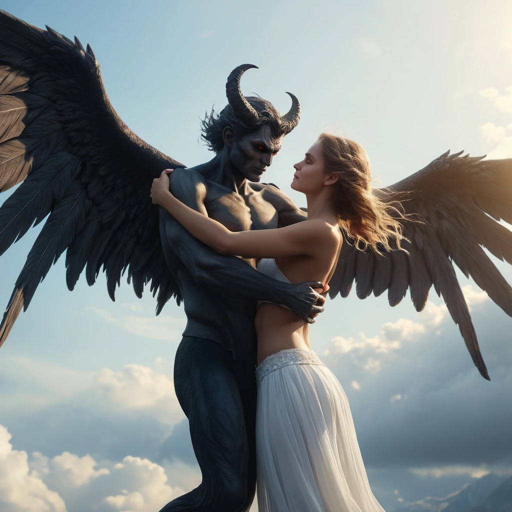 An angel flying hugging a demon flying, forming a heart shape