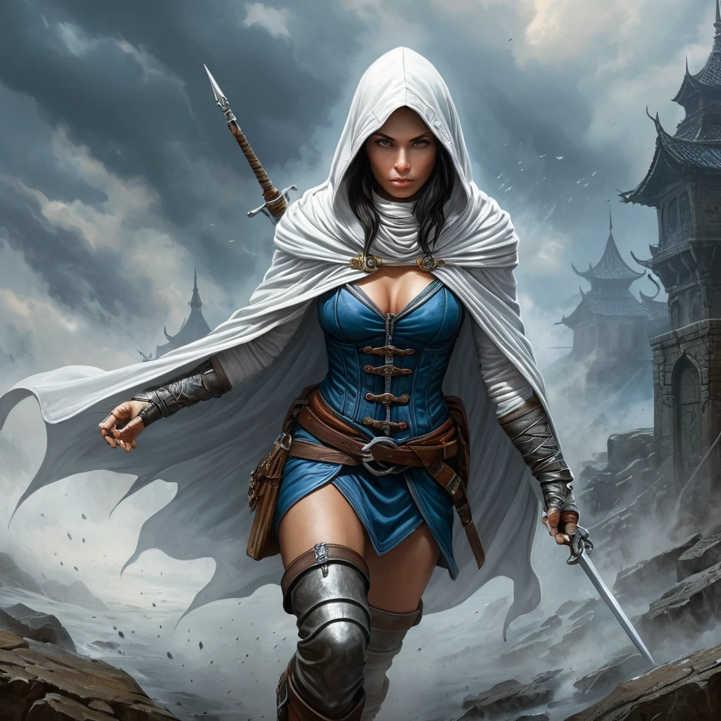 White hooded female assassin emerging from the fog of war