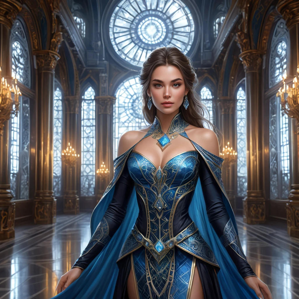 A magnificent female mage within a grand hall of mirrors, each reflecting her image surrounded by different magical effects, her outfit a masterpiece of intricate design and glowing runes