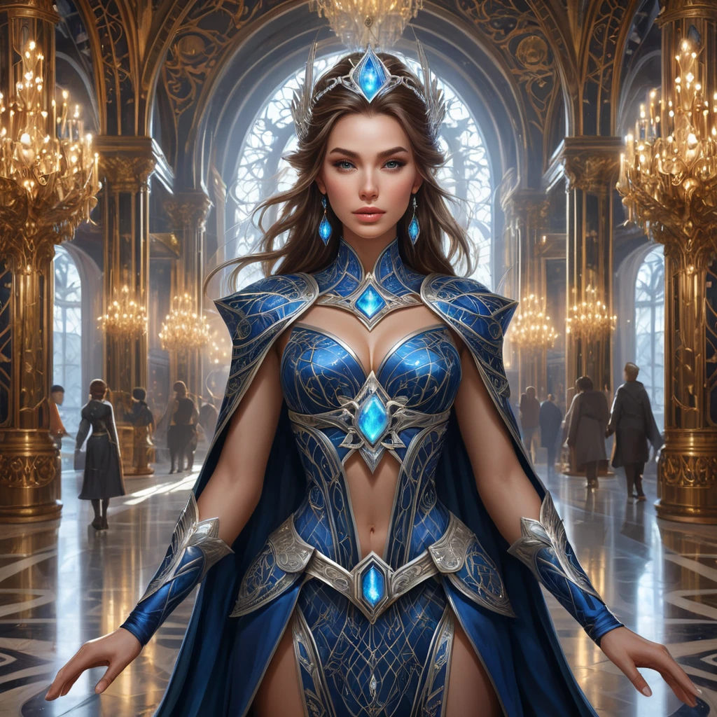 A magnificent female mage within a grand hall of mirrors, each reflecting her image surrounded by different magical effects, her outfit a masterpiece of intricate design and glowing runes