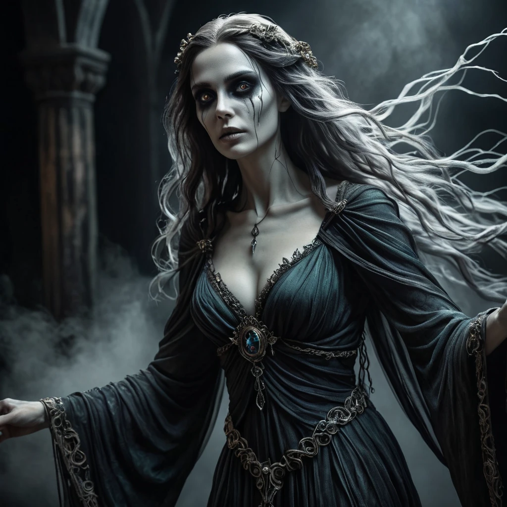 Ghostly rotting dead evil undead siren, graceful, flowing robes, wispy, glowing dark eyes, darkness