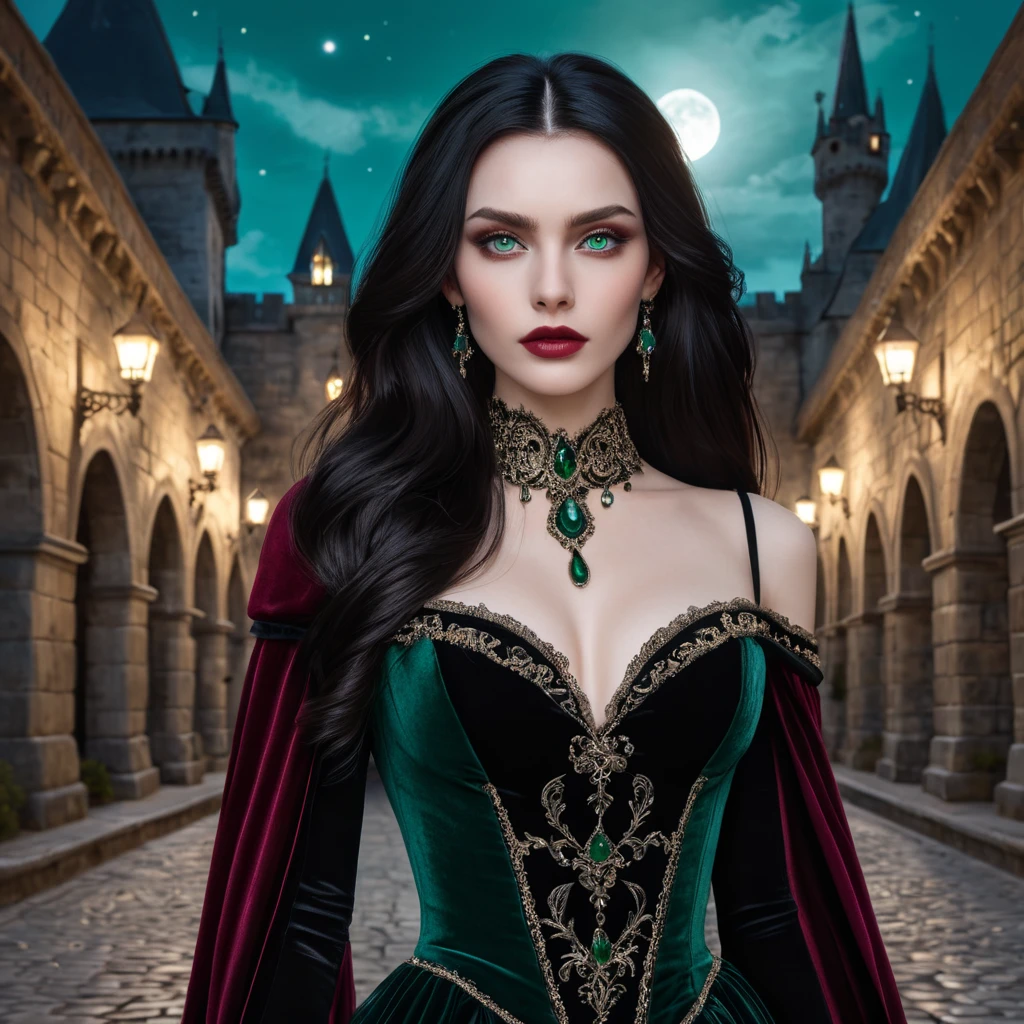 A stunningly beautiful vampire queen with piercing emerald eyes, porcelain skin, and long flowing black hair, adorned in a gothic burgundy velvet gown, standing in a castle courtyard bathed in moonlight, intricate details, hyperrealistic, sharp focus