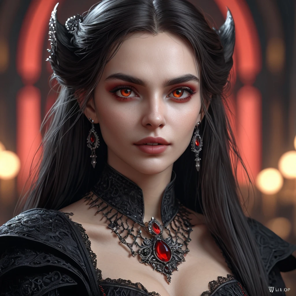 A beautiful romanian vampire woman with penetrating red bright eyes, long fangs, perfect face