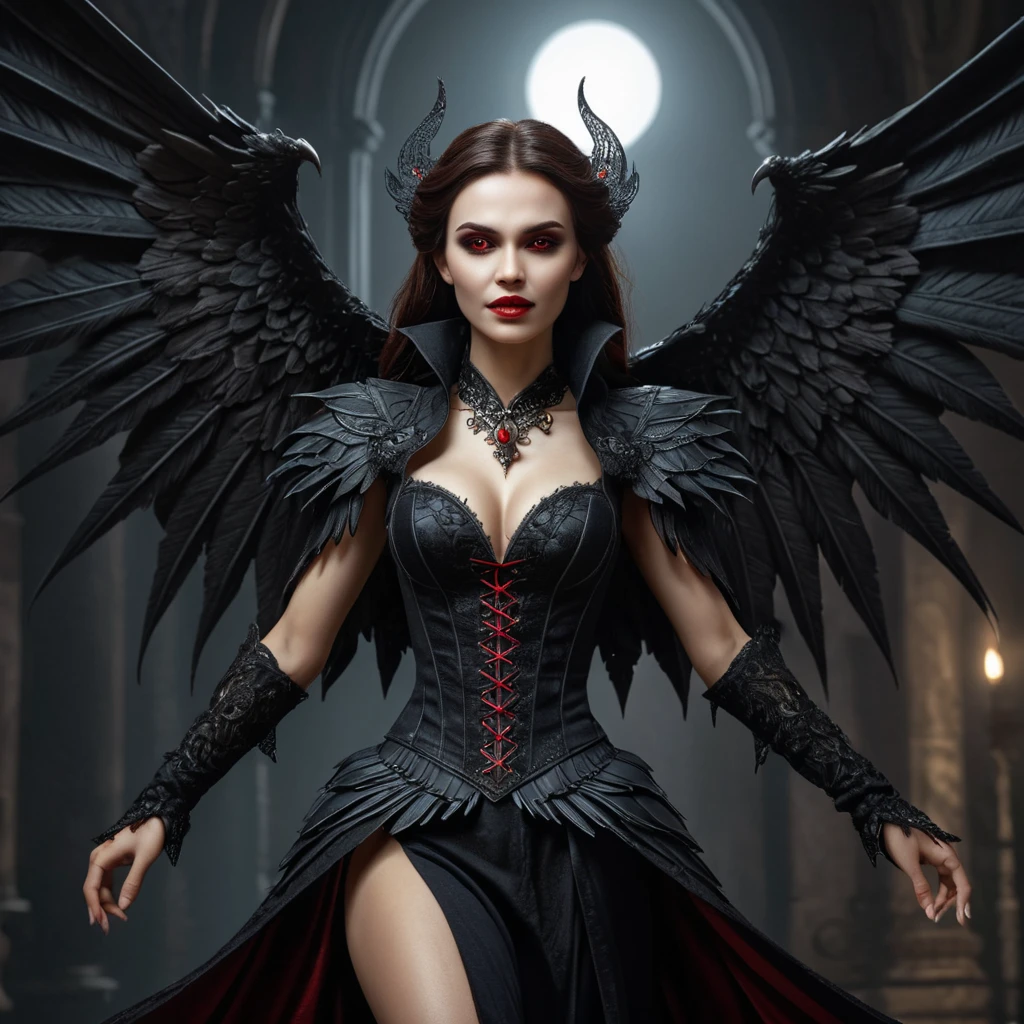 A beautiful winged romanian vampire woman with fangs, red eyes