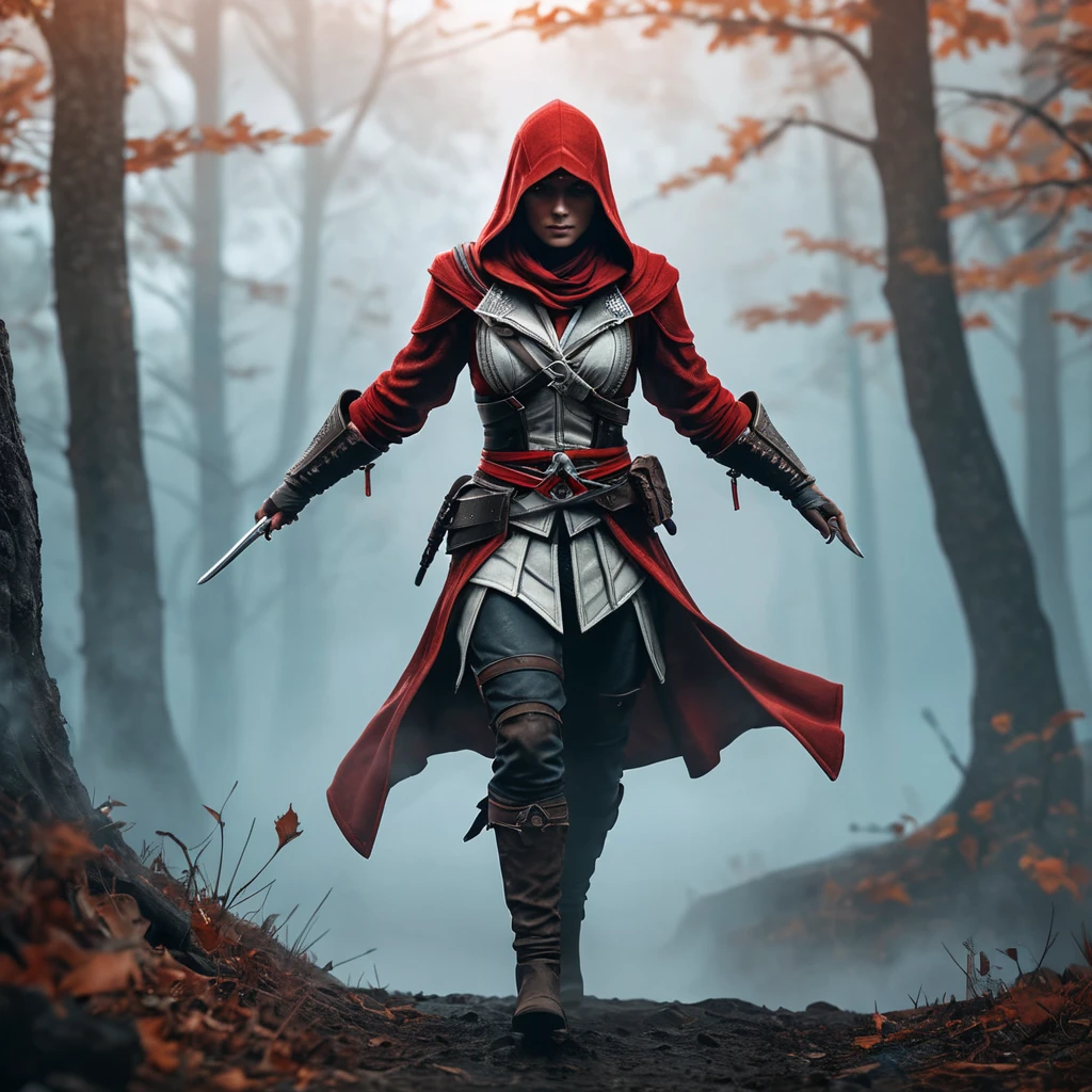 Red hooded Assassin's Creed female assassin emerging from the fog of battle