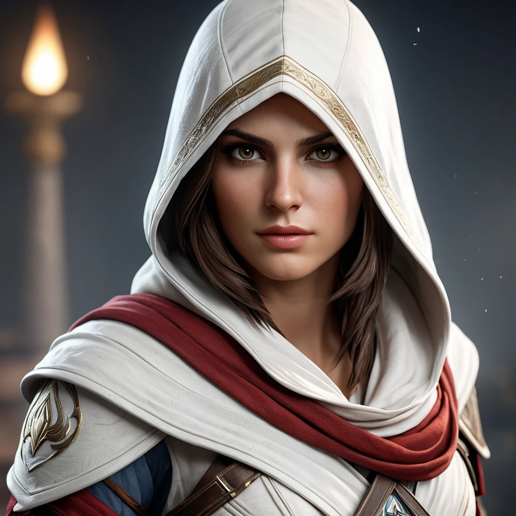 A beautiful Kassandra wearing a white hood in full Assassin's Creed style