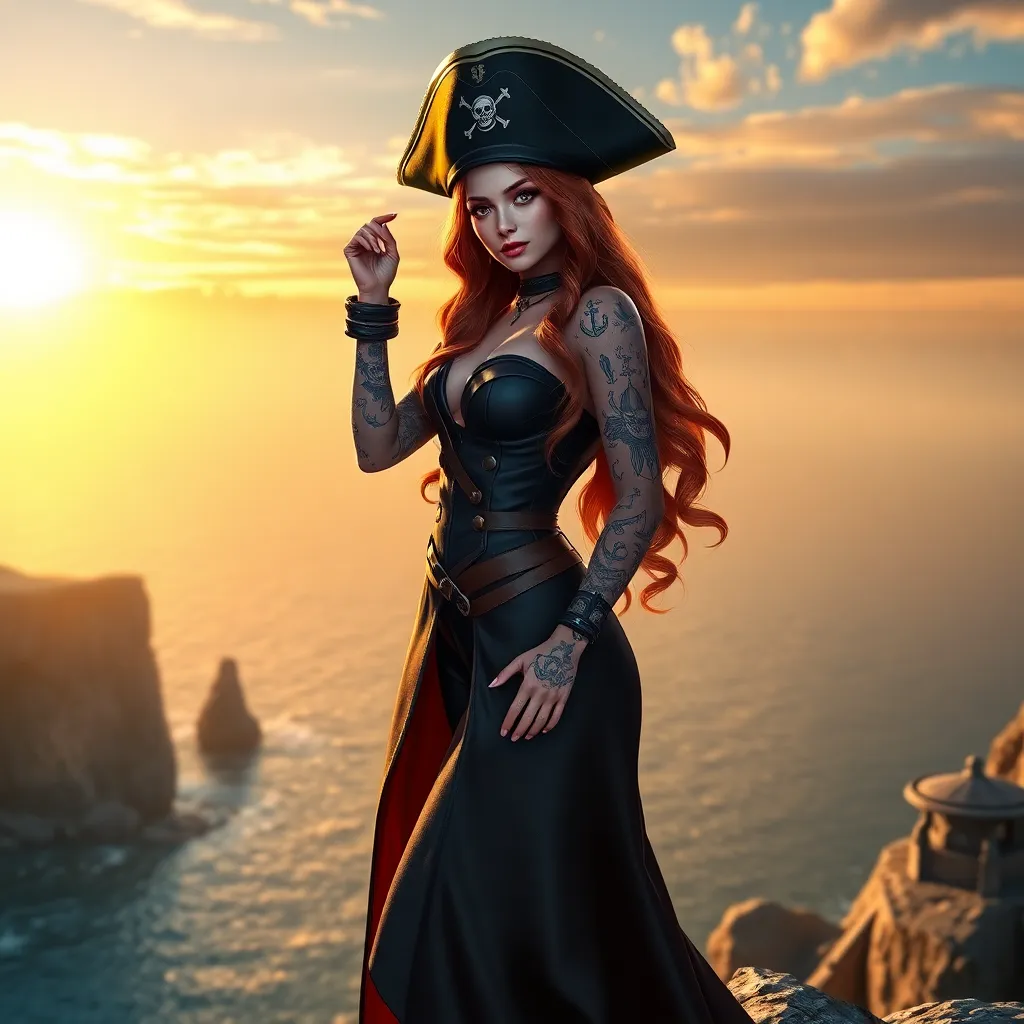 Miss Fortune from League of Legends, her skin adorned with nautical-themed tattoos, wearing a pirate captain's hat and a long coat, standing on a cliff overlooking a vast ocean, the sunset casting a golden glow on her, highly detailed, ultra-realistic, 6K resolution