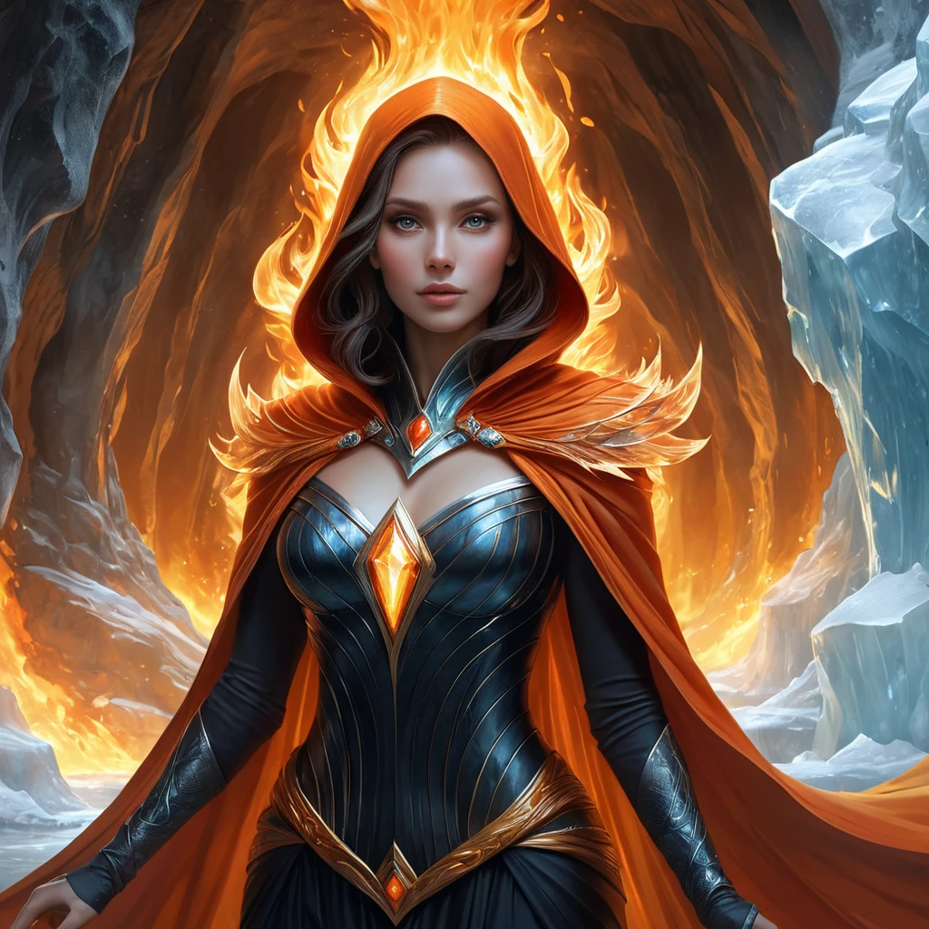 A mesmerizing female fire sorceress, cloaked in a veil of shimmering fire, standing within a cavern of crystal-clear ice, her presence causing the air to shimmer with heat, her eyes reflecting both fire and ice, a paradox of power.