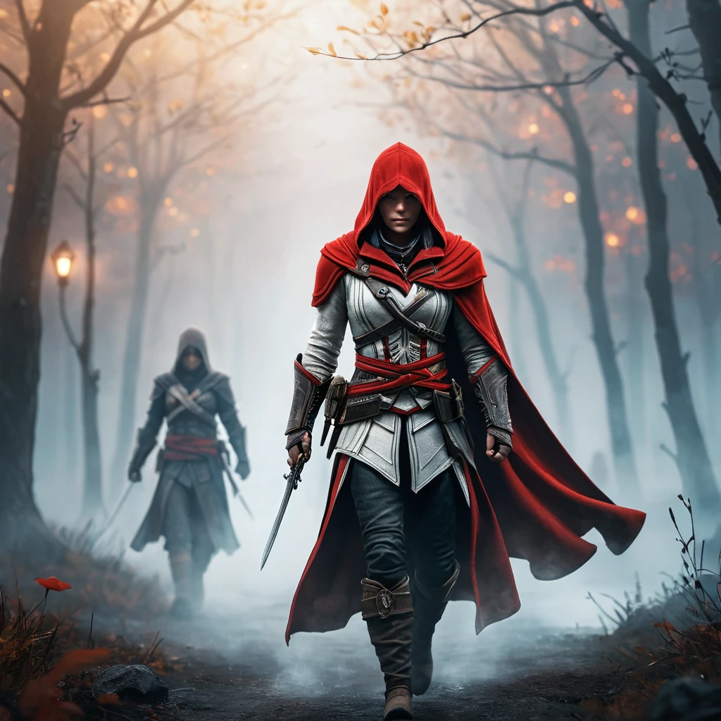 Red hooded Assassin's Creed female assassin emerging from the fog of battle