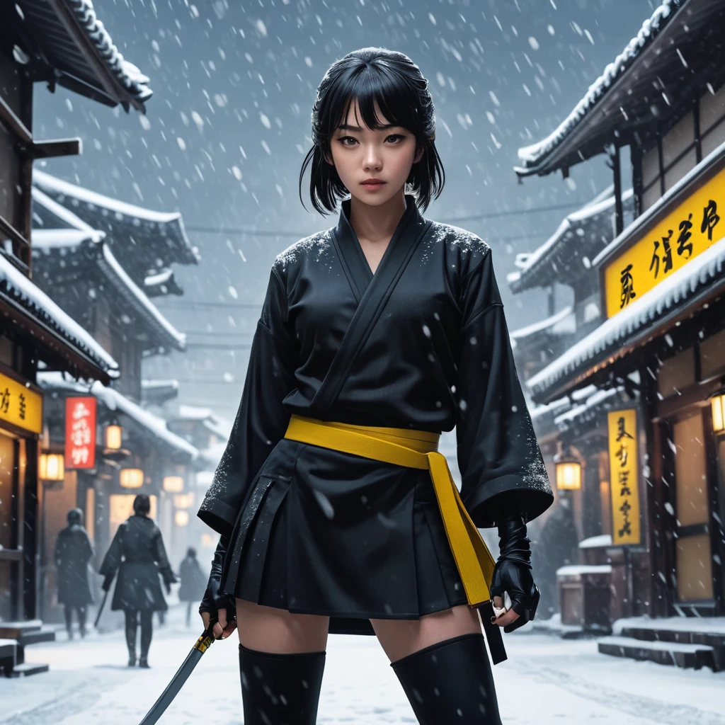 Silhouette of a mysterious Gogo Yubari kill bill ninja in a dark snowy town in Tokyo