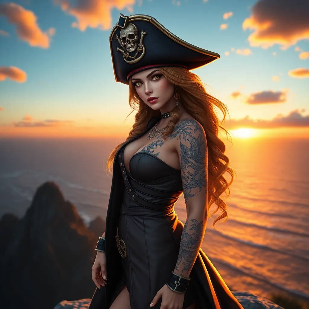 Miss Fortune from League of Legends, her skin adorned with nautical-themed tattoos, wearing a pirate captain's hat and a long coat, standing on a cliff overlooking a vast ocean, the sunset casting a golden glow on her, highly detailed, ultra-realistic, 6K resolution