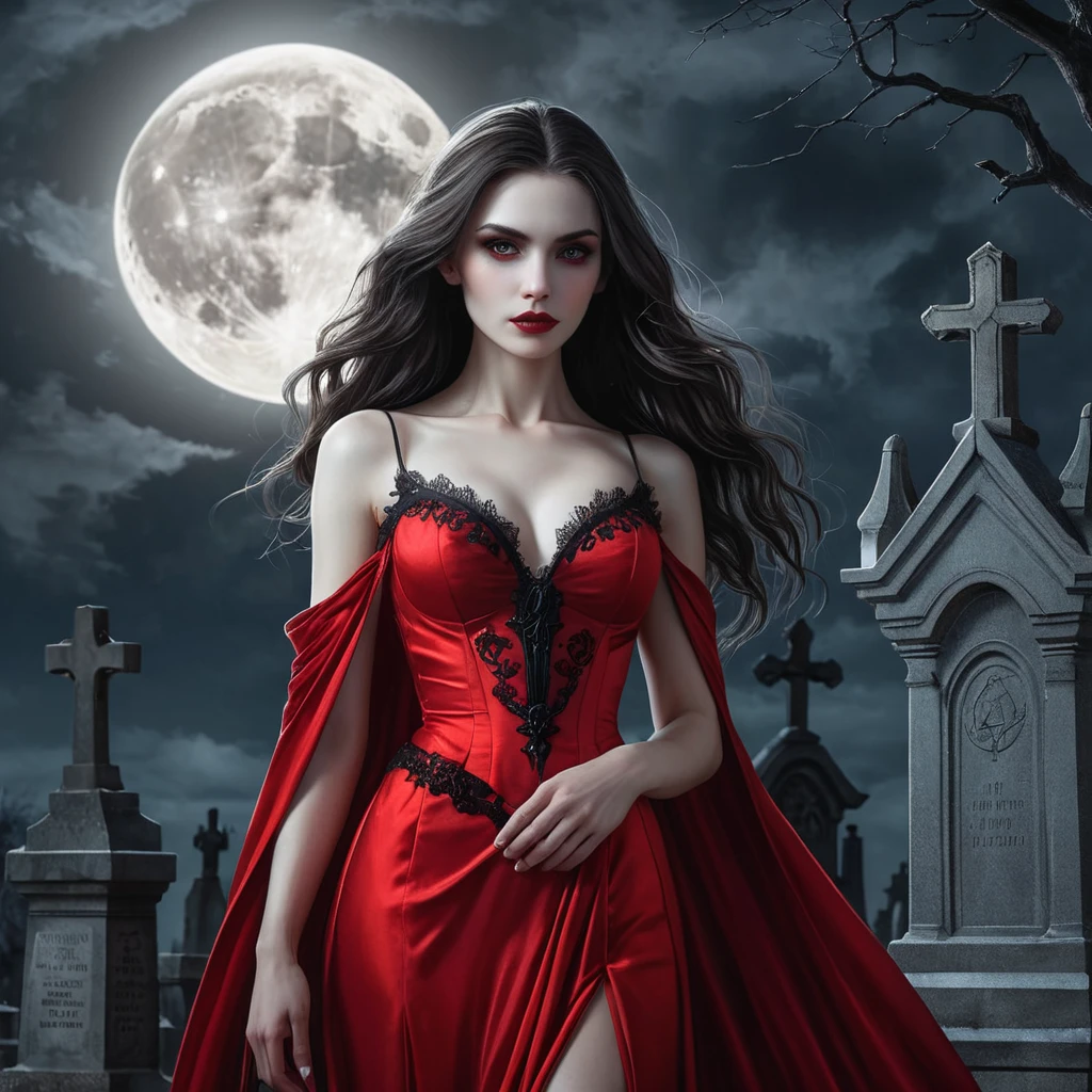 A stunning female vampire with alabaster skin, dressed in a flowing, blood-red gown, standing beneath a full moon in a gothic cemetery, her eyes glowing with an otherworldly light.