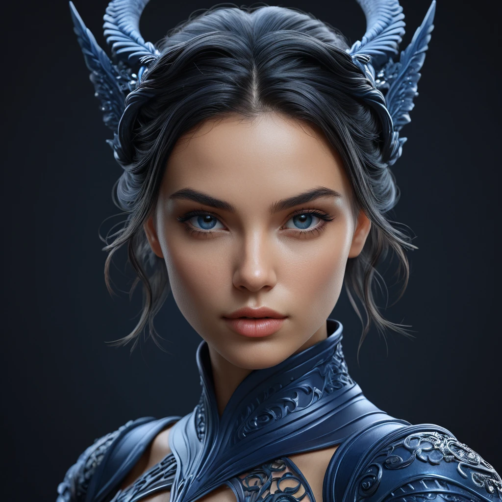 Alluring matte portrait of a fierce beautiful Vex in dark blue