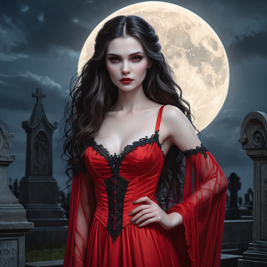 A stunning female vampire with alabaster skin, dressed in a flowing, blood-red gown, standing beneath a full moon in a gothic cemetery, her eyes glowing with an otherworldly light.