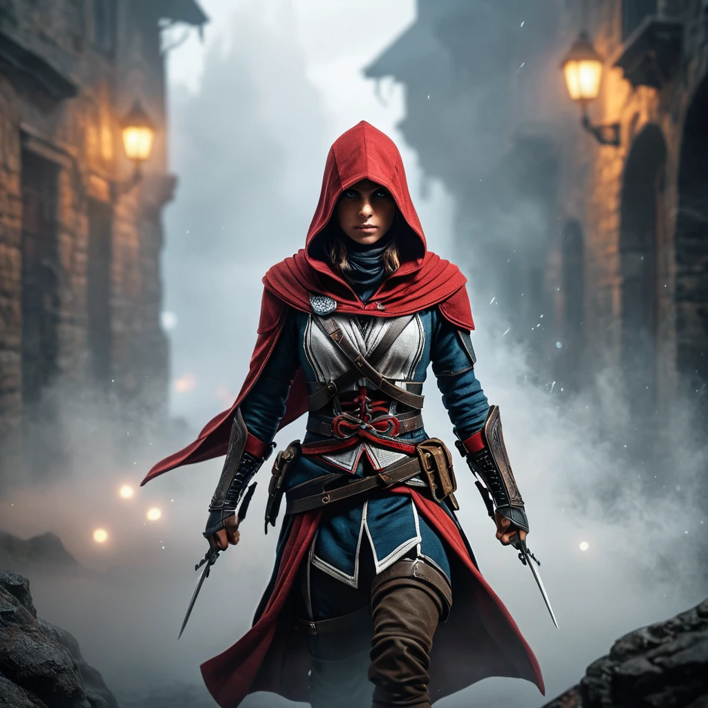 Red hooded Assassin's Creed female assassin emerging from the fog of battle