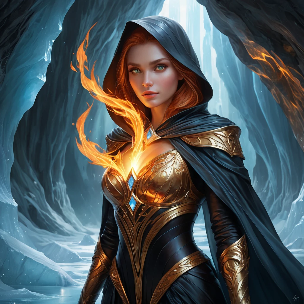 A mesmerizing female fire sorceress, cloaked in a veil of shimmering fire, standing within a cavern of crystal-clear ice, her presence causing the air to shimmer with heat, her eyes reflecting both fire and ice, a paradox of power.