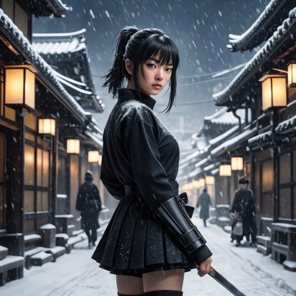 Silhouette of a mysterious Gogo Yubari kill bill ninja in a dark snowy town in Tokyo