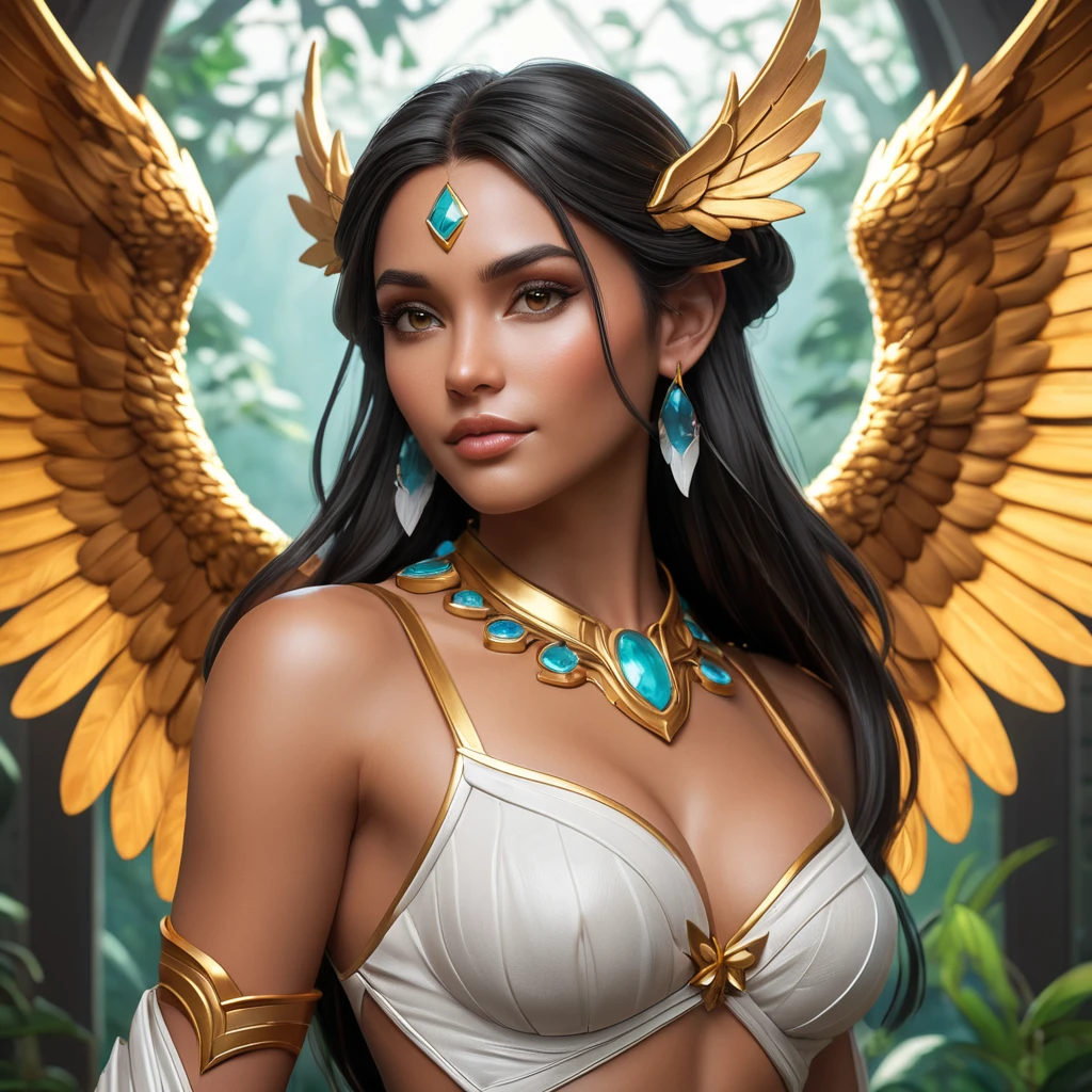 Alluring matte portrait of a beautiful Nidalee with wings