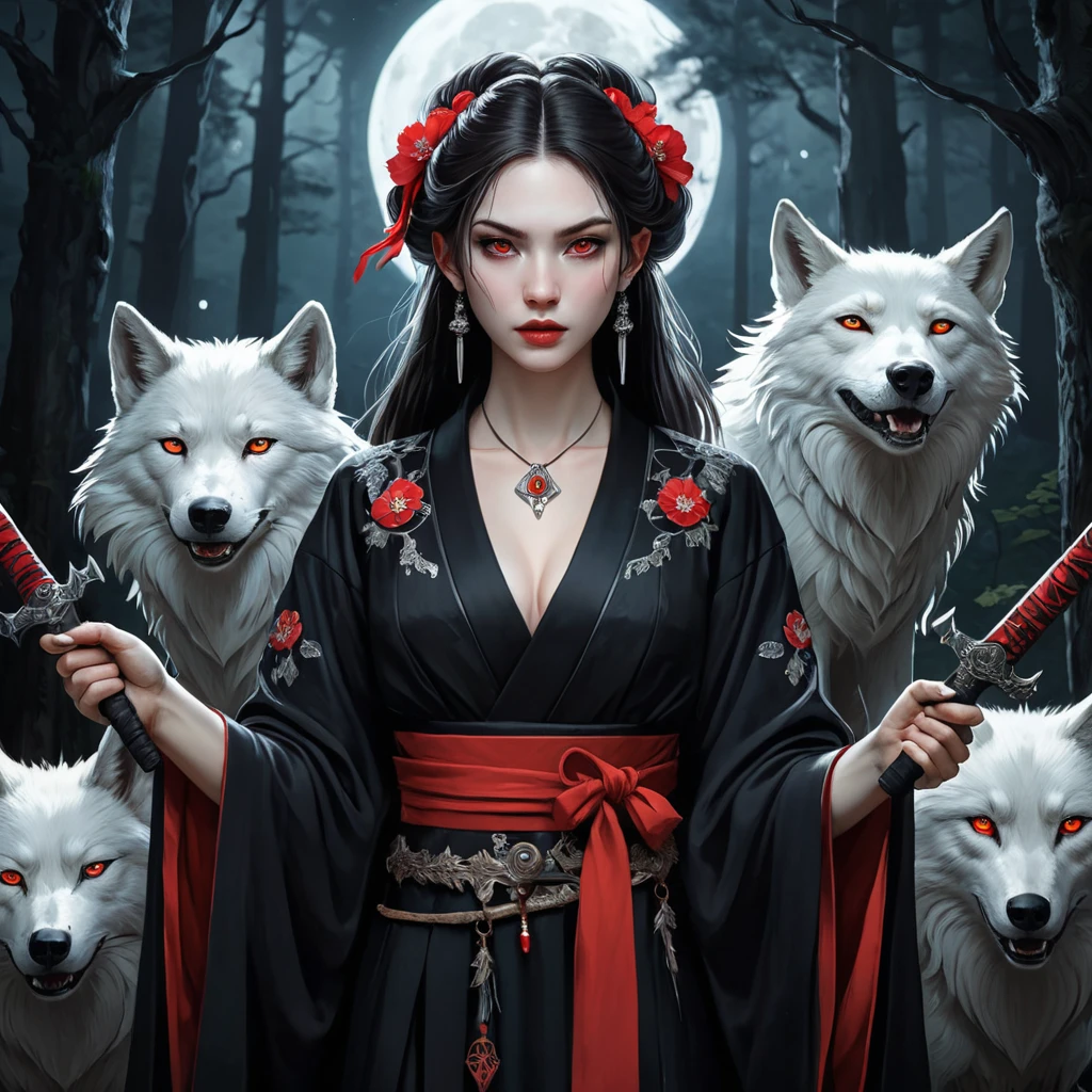 Dark fantasy portrait: a beautiful vampire princess, a fusion of San (Princess Mononoke) and a seductive vampire, with sharp features, pale skin, and glowing crimson eyes, wearing a torn, elegant black kimono, holding a ceremonial dagger, surrounded by wolves in a moonlit forest