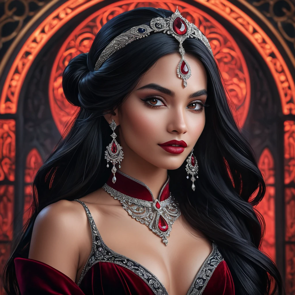 A breathtaking portrait of Vampire Princess Jasmine, ethereal beauty with sharp fangs, flowing midnight-black hair adorned with crimson jewels, wearing a velvet gown embroidered with silver crescent moons