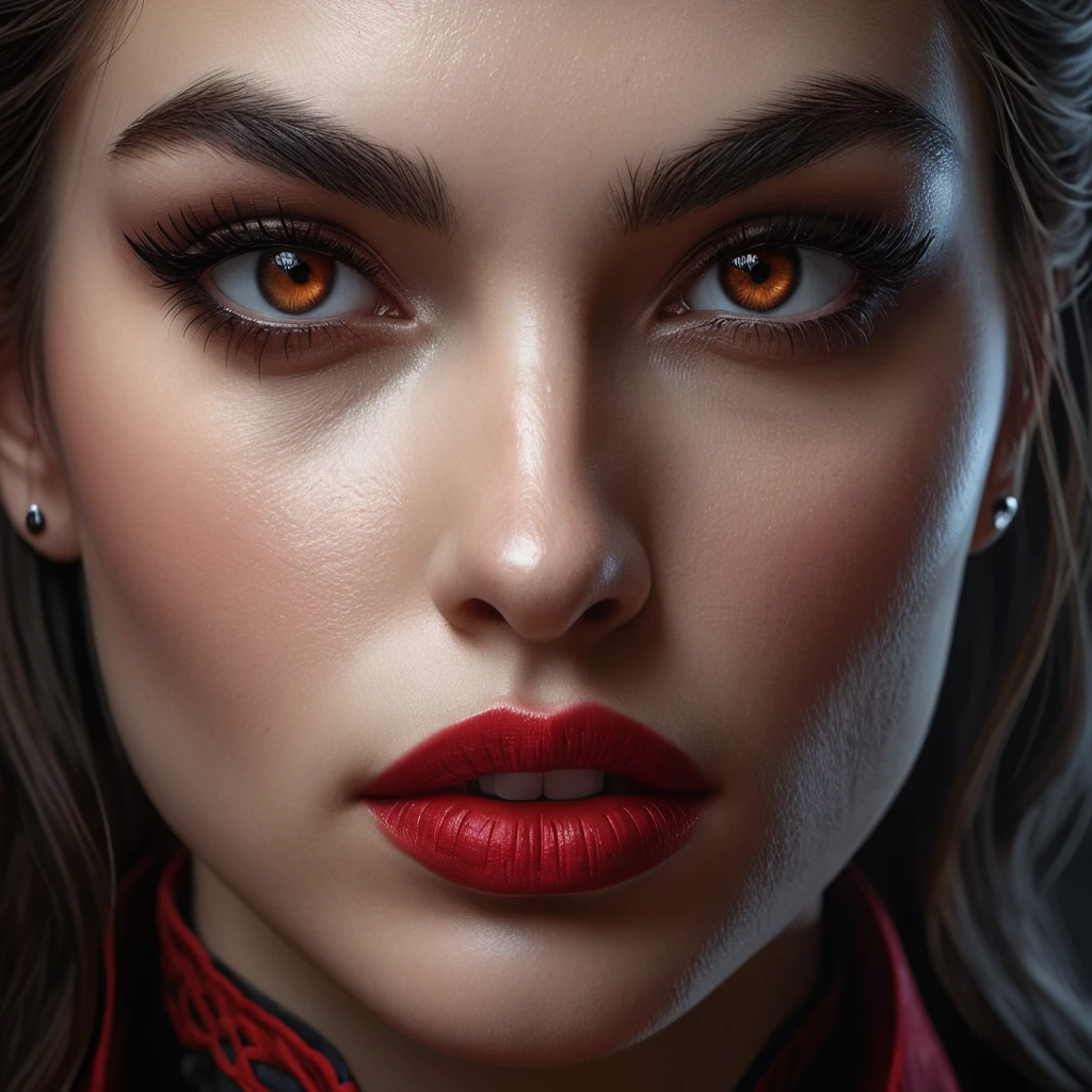 A close-up portrait of Kassandra, a seductive vampire, her face partially obscured by shadows.  Her lips are full and crimson, her eyes gleam with an unnerving intensity